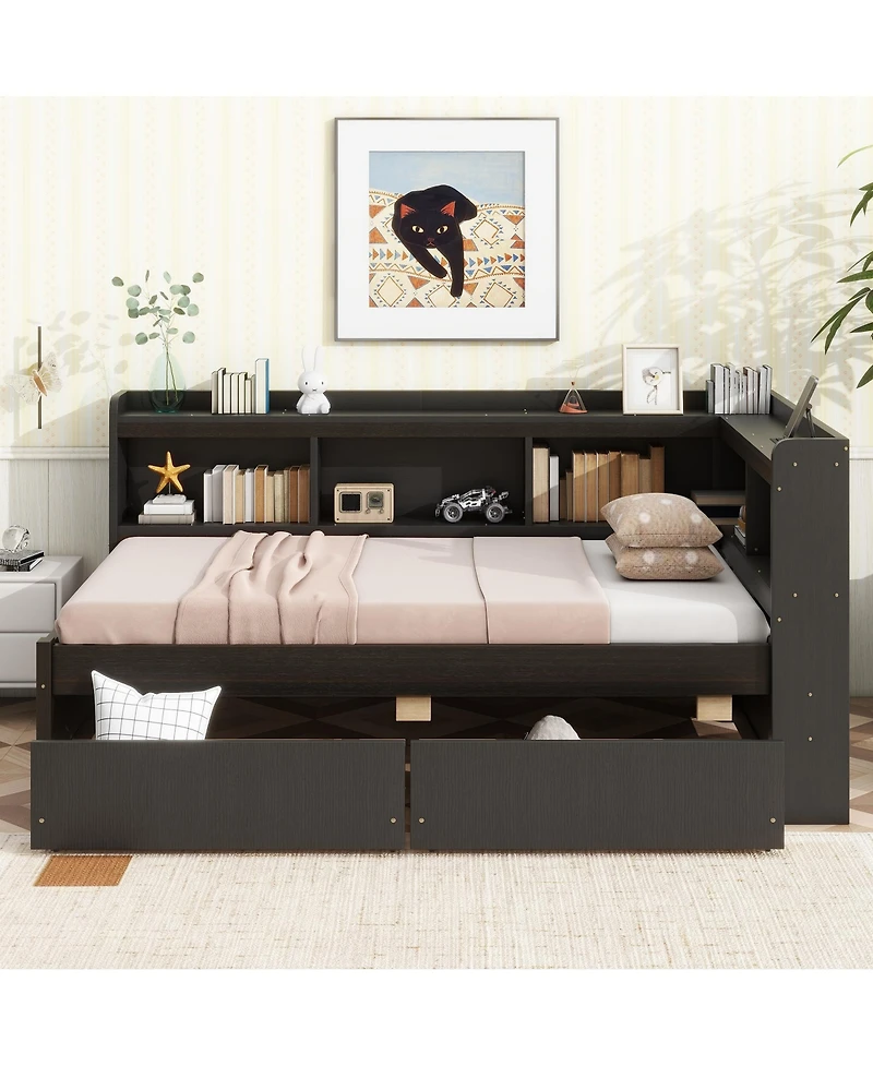 Sailvan L-shaped Bookcases Bed with Power Outlets, Usb Charging Ports, Two Drawers