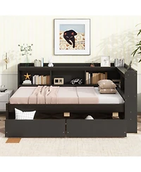 Sailvan L-shaped Bookcases Bed with Power Outlets, Usb Charging Ports, Two Drawers