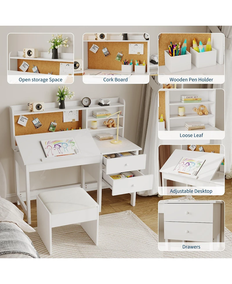 homfan Adjustable Kids Desk and Chair Set, Wooden Study Table with Tilting Desktop, Drawers and Cork Board, Ergonomic Workspace for Boys and Girls