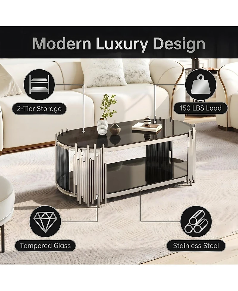Streamdale Furniture Luxury Glass Oval Coffee Table with Organ Pipe Design