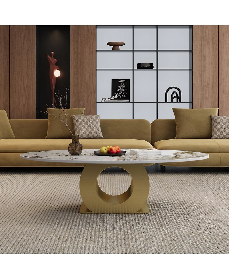 Streamdale Furniture 49.2" Oval Sintered Stone Coffee Table with Stainless Steel Base