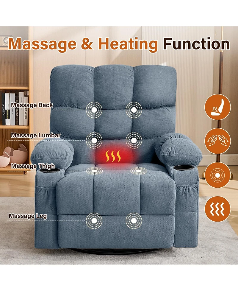 Streamdale Furniture Oversized Swivel Massage Recliner with Lumbar Heat, Usb Port, and Side Pocket
