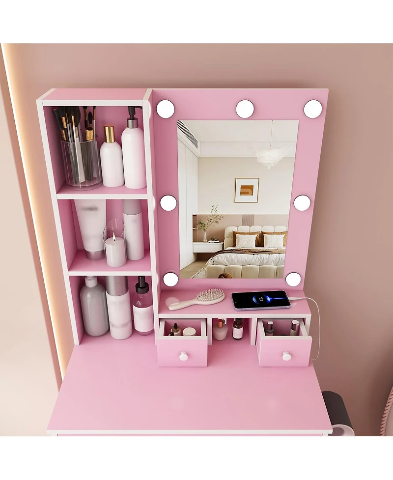 Streamdale Furniture Vanity Table with Led Mirror, Power Outlet, Hairdryer Holder and Stool