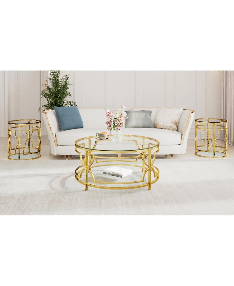 Streamdale Furniture 19.7" Luxury Round Side Table with Tempered Glass Top and Storage Shelf