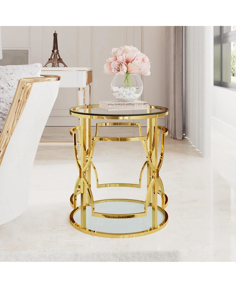 Streamdale Furniture 19.7" Luxury Round Side Table with Tempered Glass Top and Storage Shelf
