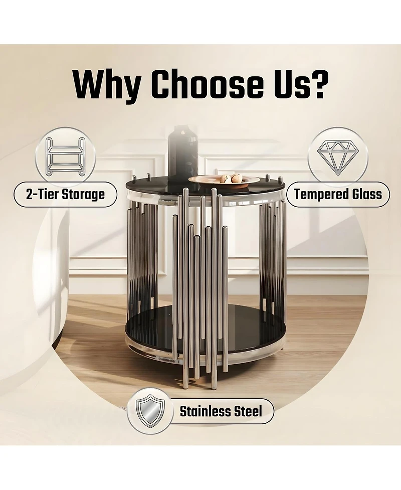 Streamdale Furniture 19.7" 2-Tier Round Glass End Table with Stainless Steel Legs