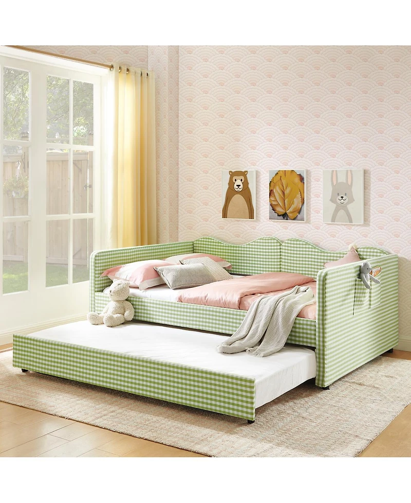 Streamdale Furniture Gingham Upholstered Full-Size Daybed with Trundle and Side Storage Pocket