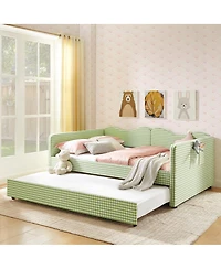 Streamdale Furniture Gingham Upholstered Full-Size Daybed with Trundle and Side Storage Pocket