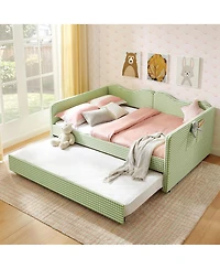 Streamdale Furniture Gingham Upholstered Full-Size Daybed with Trundle and Side Storage Pocket