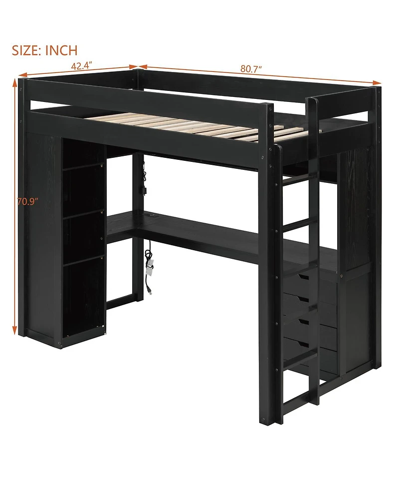 Streamdale Furniture Twin Loft Bed with L-Shaped Desk, Drawers, Shelves, and Led Lights