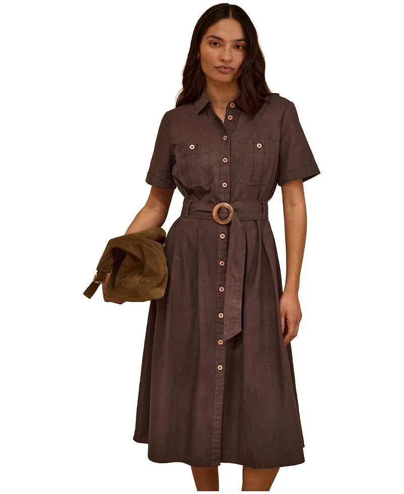 Celtic & Co. Women's Belted Safari Midi Shirt Dress