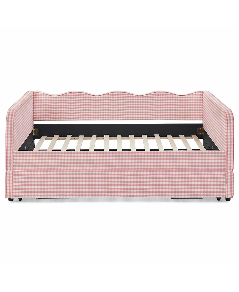 Streamdale Furniture Gingham Upholstered 3-in-1 Convertible Daybed with Trundle and Storage
