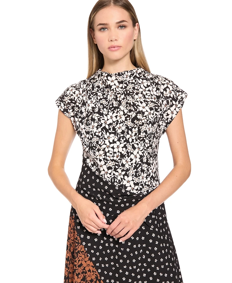 Luxely Women's Patchwork Print Mock Neck Midi Dress