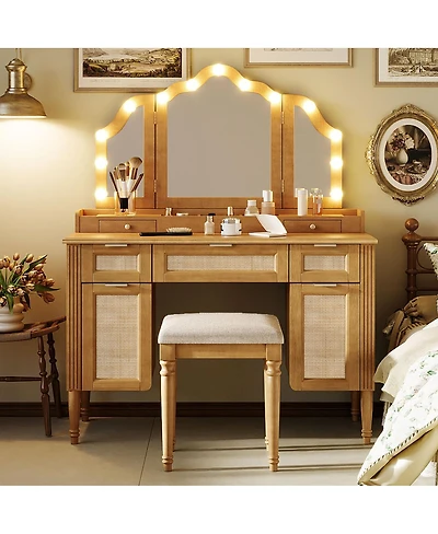 Streamdale Furniture Makeup Vanity Desk with Tri-Fold Mirror, 13 Lights, 5 Drawers and Charging Station