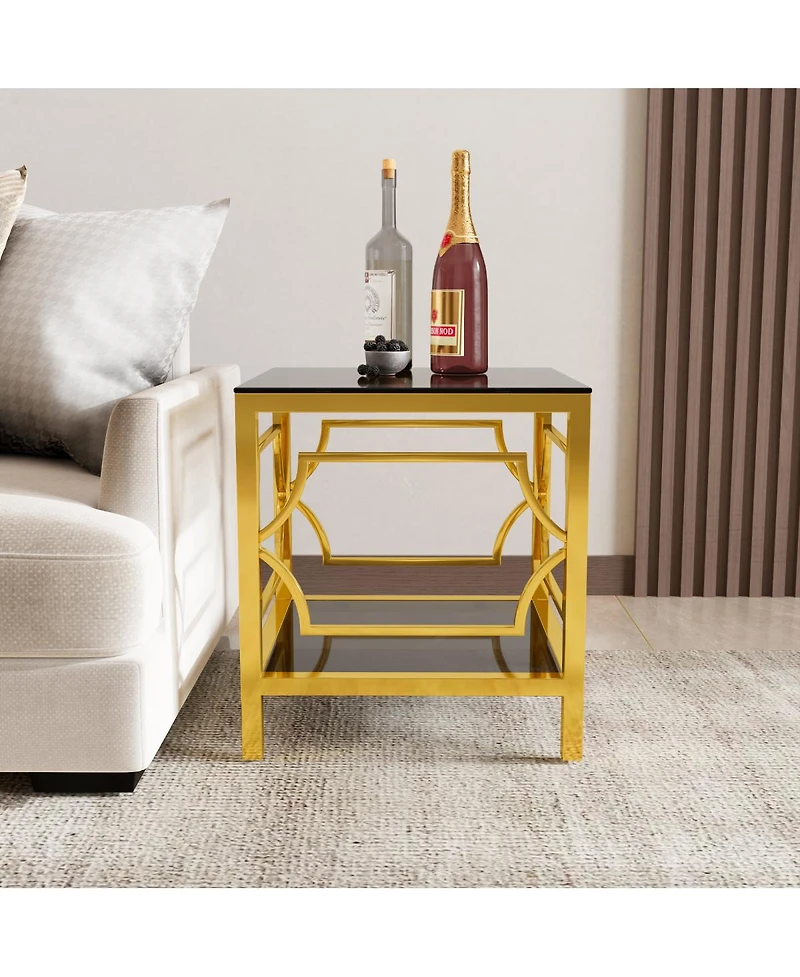 Streamdale Furniture 19.7" Modern Square Side Table with Tempered Glass Top and Storage Shelf