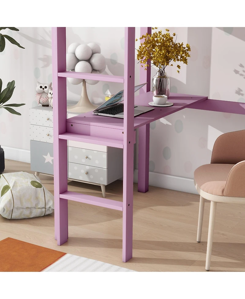 Sailvan Twin High Loft Bed, Rubber Wood Loft Bed with Safety Guardrail, built-in desk, ladder