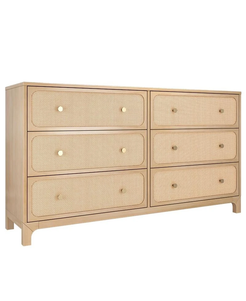 Plank+Beam Elio Rattan 6 Drawer Dresser with Brass Knob