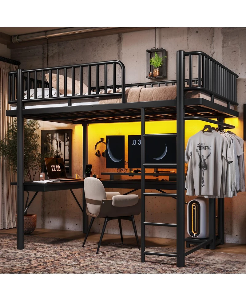 Streamdale Furniture Loft Bed with L-Shaped Desk, Led Lights, and Charging Station