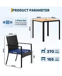 homfan 3-Piece Patio Dining Set with Square Table, 2 Chairs, Umbrella Hole and Cushions, Pe Wicker Outdoor Furniture for Backyard, Garden or Poolside