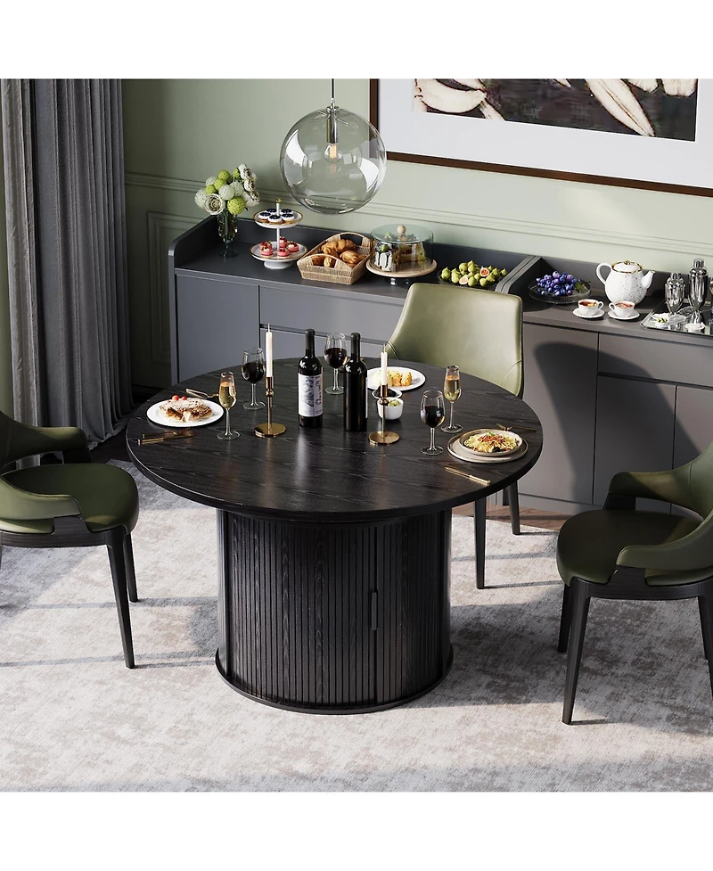 homfan Extendable Round Dining Table – Modern Farmhouse Fluted Pedestal with 2-Tier Storage Shelf and Drawer, 47.5–63" Expandable