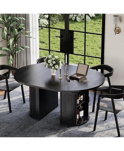 homfan Extendable Round Dining Table – Modern Farmhouse Fluted Pedestal with 2-Tier Storage Shelf and Drawer, 47.5–63" Expandable