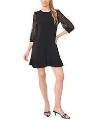 CeCe Women's Pearl Sleeve Mix Media Sheer Ruffled-Hem Dress