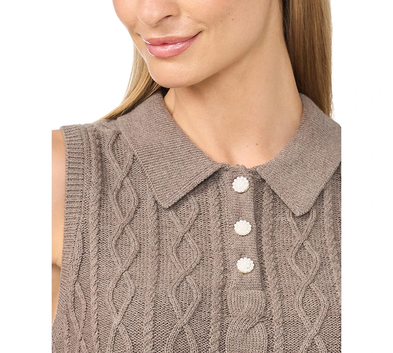 CeCe Women's Cable Knit Collared Sleeveless Sweater Vest