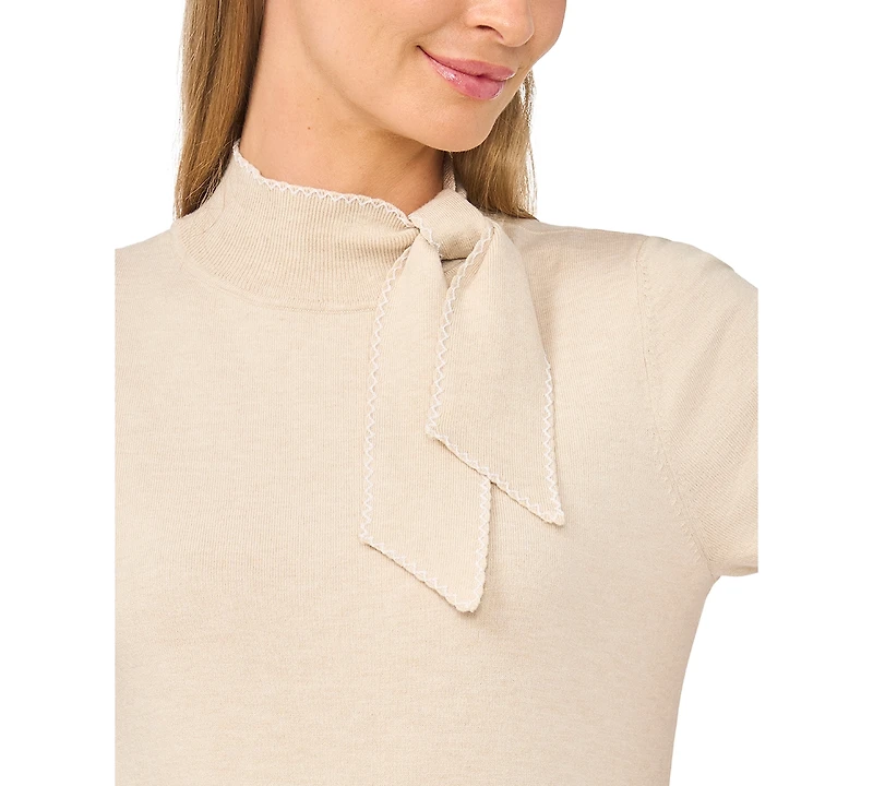 CeCe Women's Scarf Tie Mock Neck Short-Sleeve Viscose Sweater