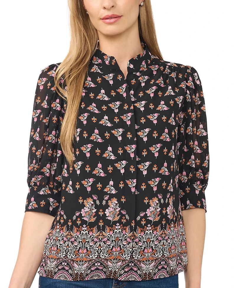 CeCe Women's Hidden-Placket Collared 3/4-Sleeve Blouse