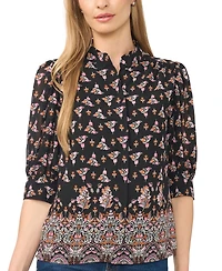CeCe Women's Hidden-Placket Collared 3/4-Sleeve Blouse