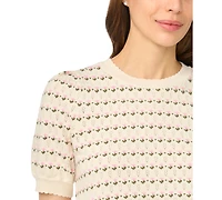 CeCe Women's Flower Pointelle Crewneck Short-Sleeve Cotton Sweater