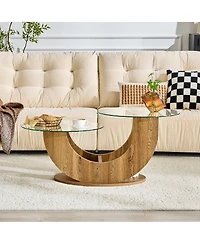 Streamdale Furniture Creative U-Shaped Double-Tier Glass Coffee Table with Wood-Grain Base