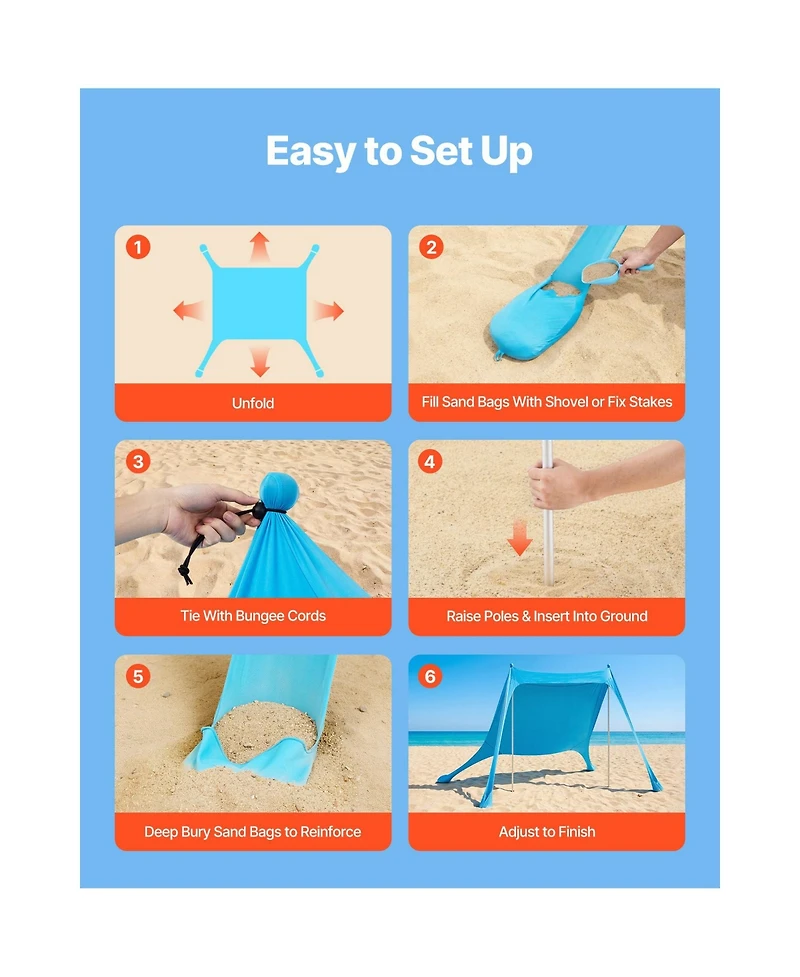 Mountaintop Beach Tent Sun Shelter, UPF50+ Pop-Up Canopy, 6.6ft Tall, Sandbags