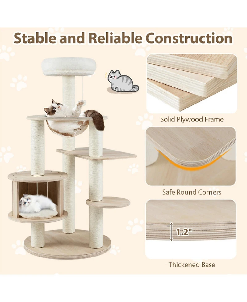 Hongge Wooden 52 Inch Cat Tree Tower with Enclosed Space Capsule