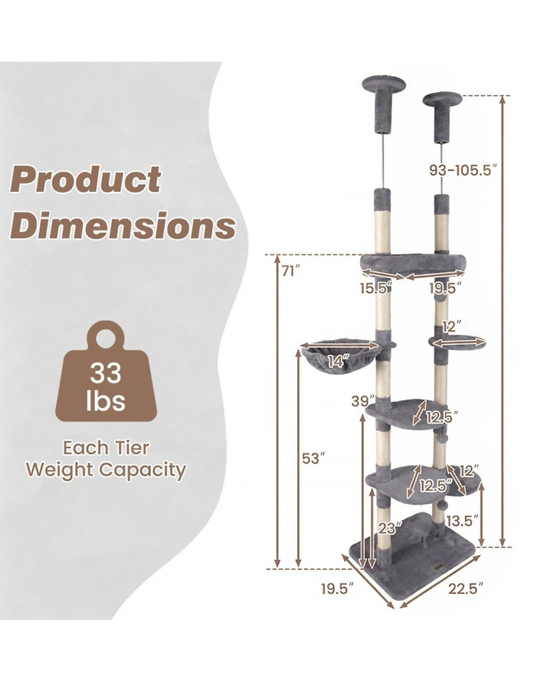 Hongge Six-Tier Floor to Ceiling Cat Tree with Rotatable Plush Bed