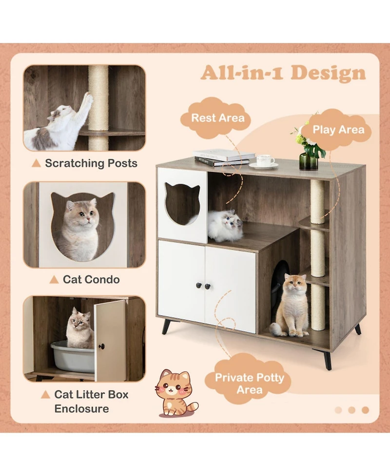 Hongge Cat Litter Box Enclosure with 3 Sisal Scratching Posts