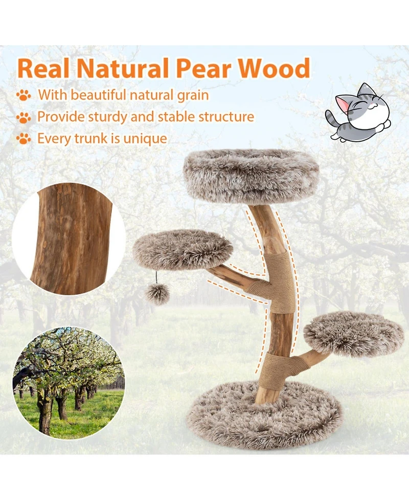 Hongge Pear Wood Cat Tree with Jute Scratching Posts, 35.5 Inch