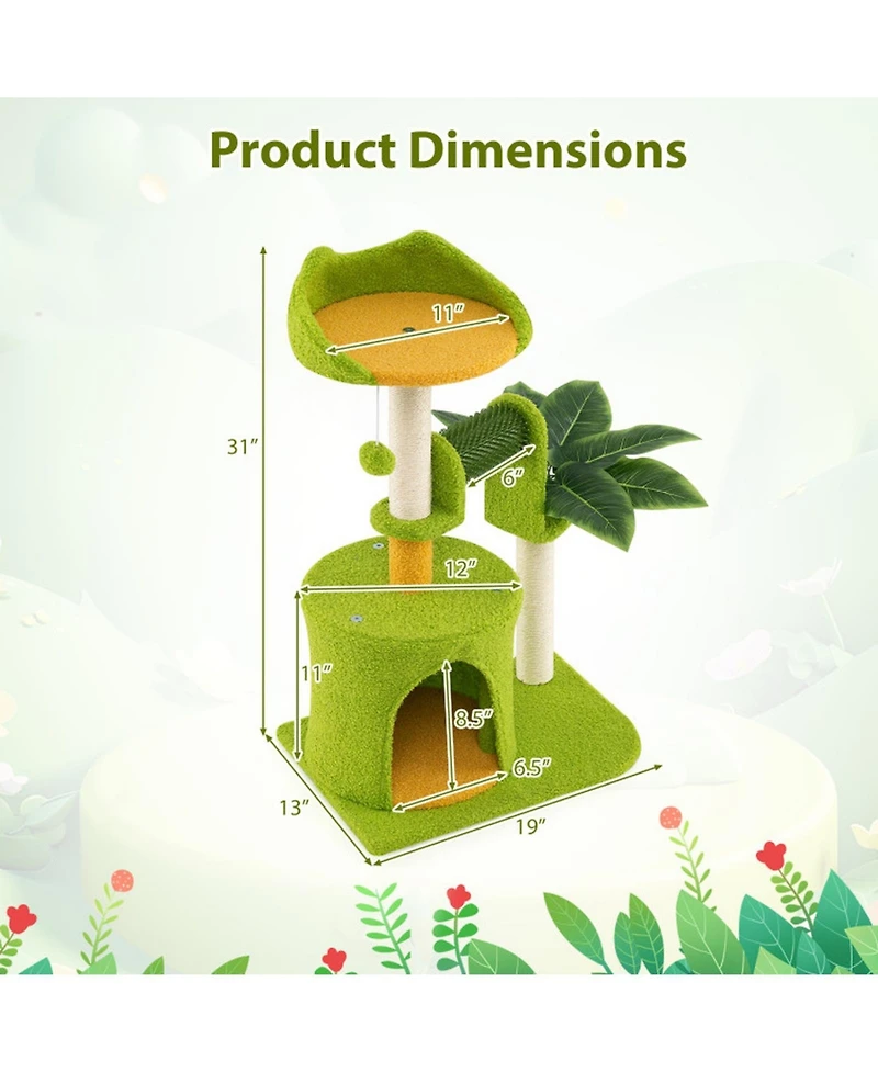Hongge Palm Tree Cat Tower with Artificial Leaves, 31 Inch
