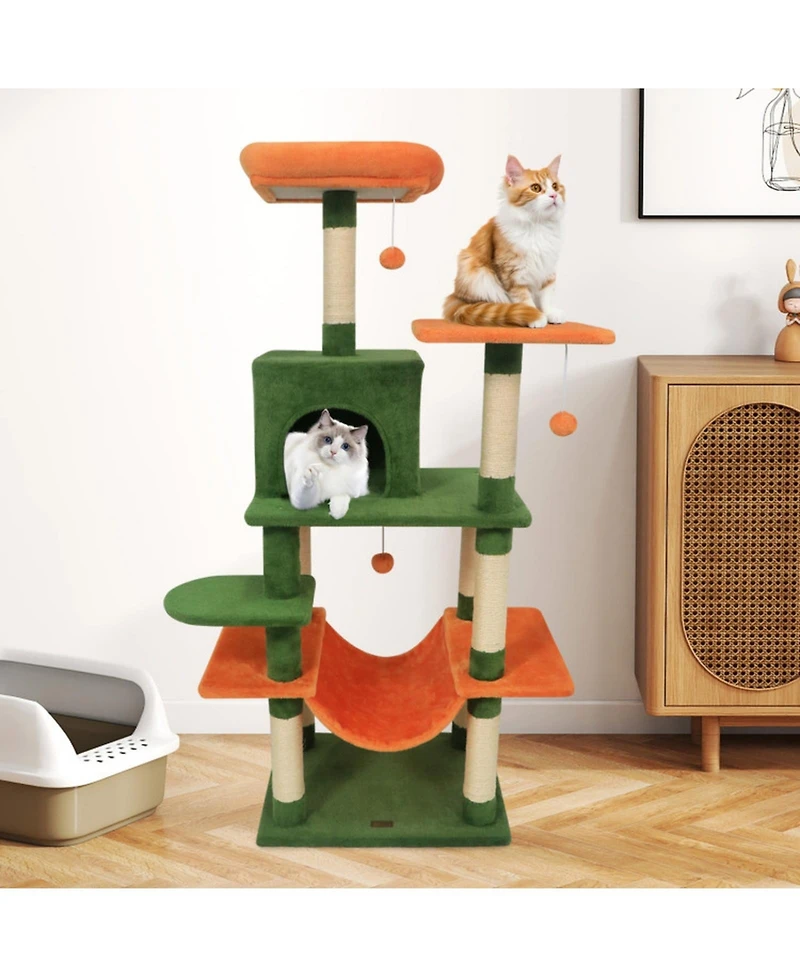 Hongge Plush 58 Inch Multi-Level Cat Tower with Hammock Lounge