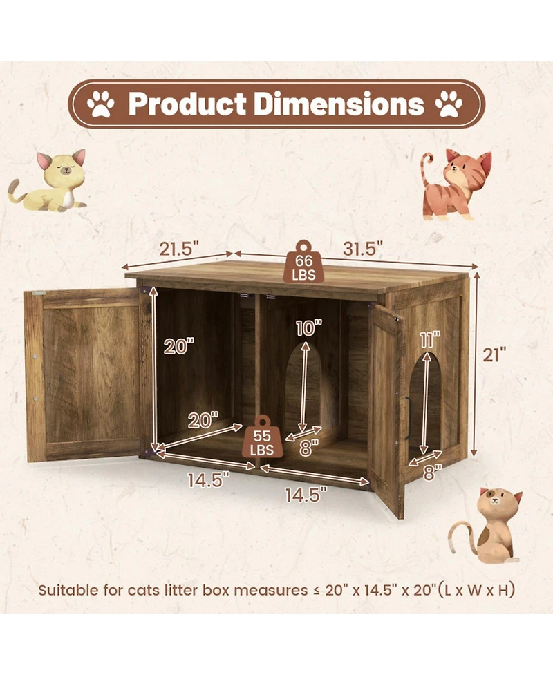Hongge Flip-Top Hidden Cat Litter Box Enclosure with Double Barn Doors and Removable Divider