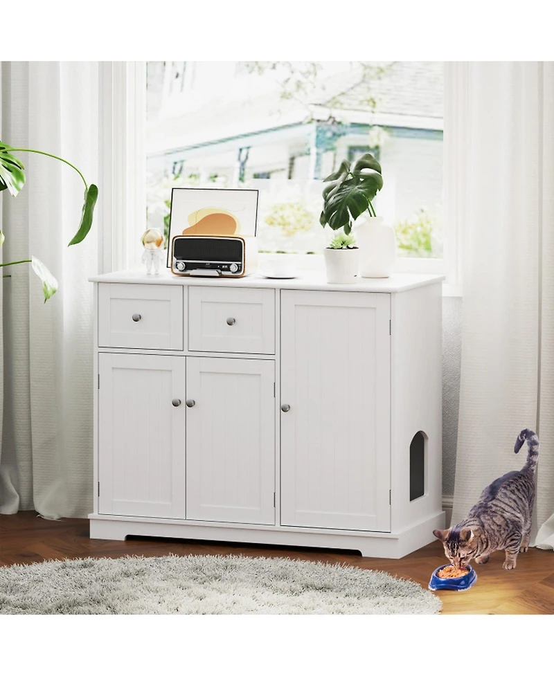 Hongge Cat Litter Box Enclosure with 2 Drawers 3 Doors and Countertop for Kittens and Adult Cats