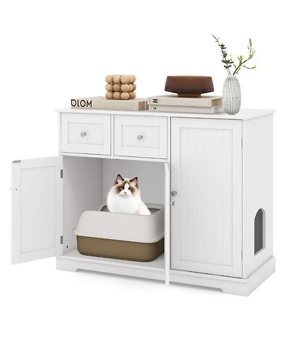 Hongge Cat Litter Box Enclosure with 2 Drawers 3 Doors and Countertop for Kittens and Adult Cats