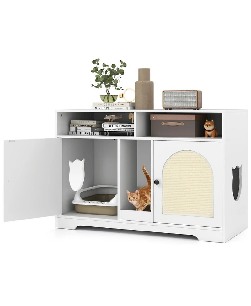 Hongge 43 in Cat Litter Box Enclosure with Double Rooms Sisal Mats and Storage