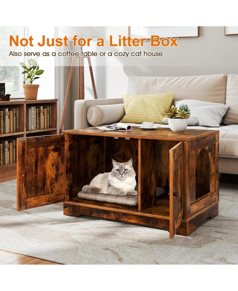 Hongge Wooden Cat Litter Box Enclosure with Dual Doors End Side Table and Nightstand