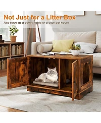 Hongge Wooden Cat Litter Box Enclosure with Dual Doors End Side Table and Nightstand