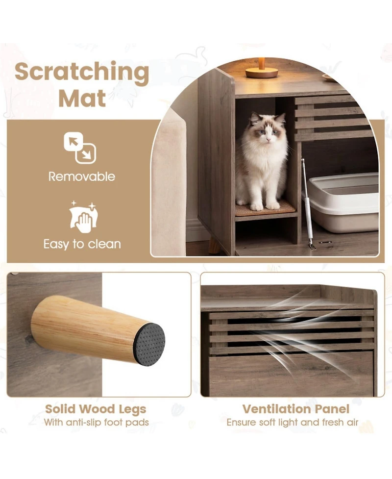 Hongge Cat Litter Box Enclosure with Flip-Down Door Ventilation Panel and Scratching Mat