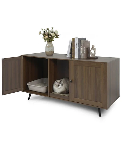 Hongge 47 in Double Cat Litter Box Enclosure for 2 Cats with Honeycomb Scratcher and Barn Doors