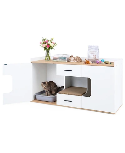 Hongge 55 in Wooden Hidden Cat Litter Box Cabinet with Wide Countertop 2 Drawers and 2 Doors