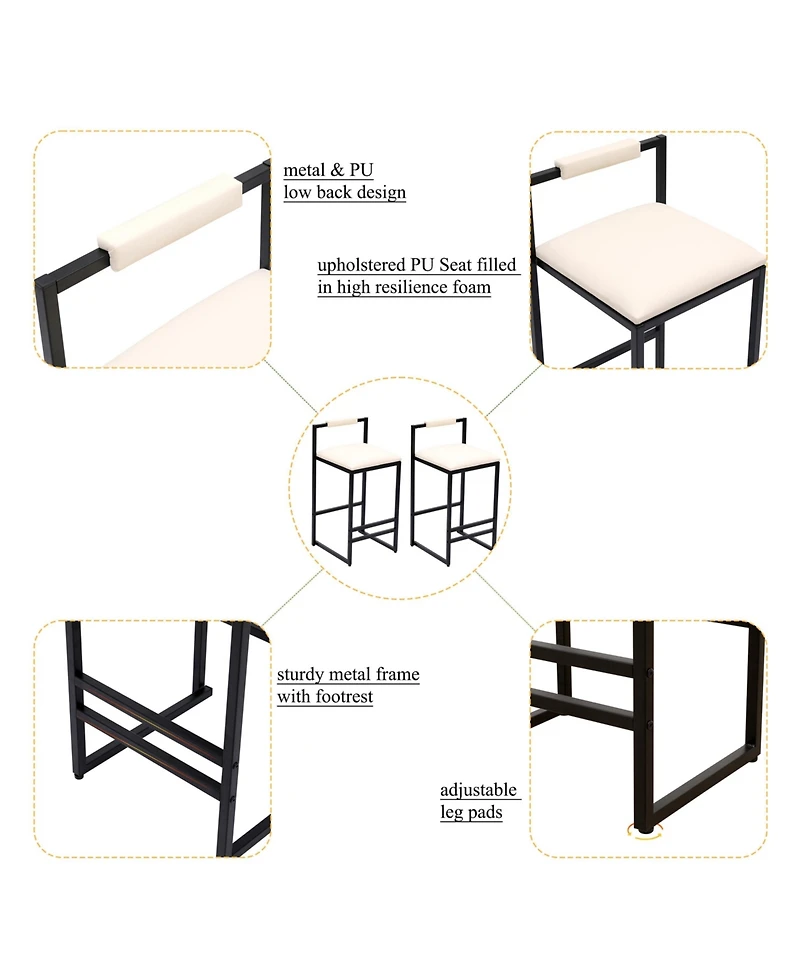 sumyeg Set of 2 Faux Leather Upholstered Bar Stools with Metal Frame, Counter Height Dining Chairs for Kitchen Island
