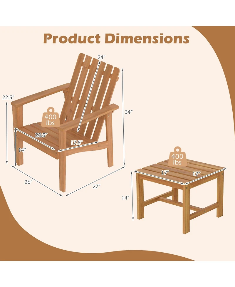 Gymax Adirondack Chair Set of 2 with Side Table Built-in Backrests and Armrests for Garden